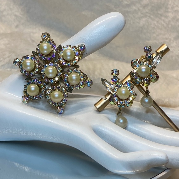 VINTAGE JULIANA D&E AB RHINESTONE FAUX PEARL STAR BROOCH PIN & EARRING SET #786 - Picture 3 of 16